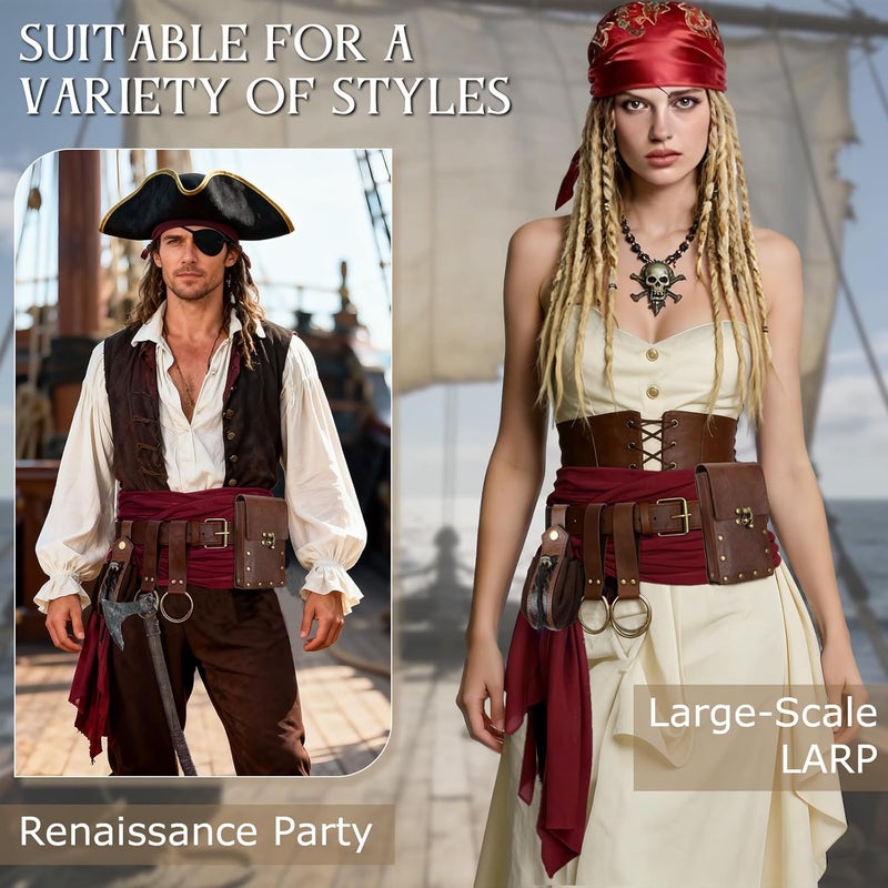 bcehyaa Store Renaissance Belt Pouch Medieval Viking Pirate Leather Bag Potion Bottle Set Skirt Hike Halloween Cosplay Costume Accessorie (Pirate Belt-Brown, Belt Pouch) - Image 2